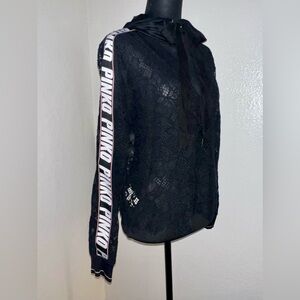 Pinko Black Lace Top with Logo Sleeves